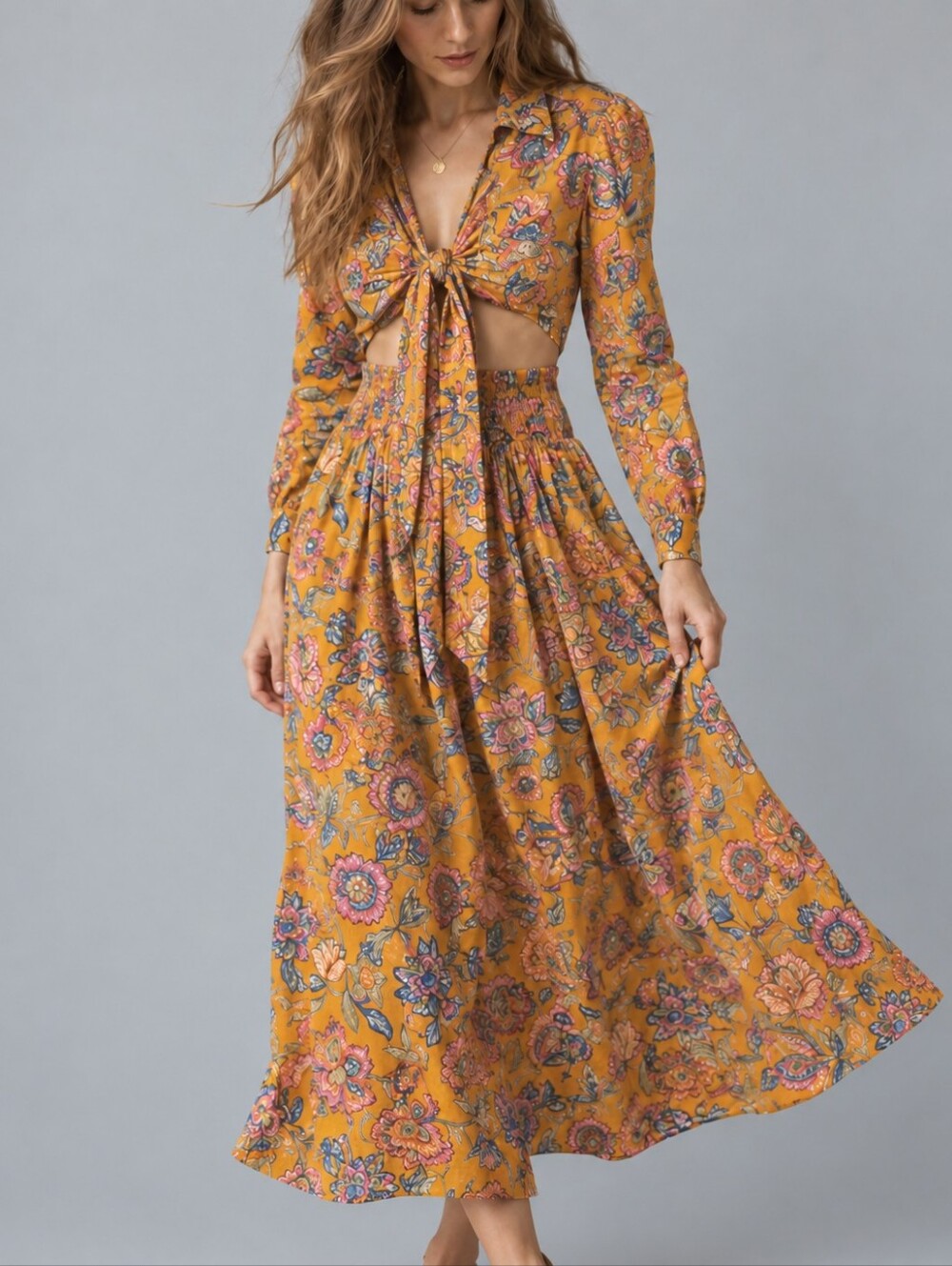House of Harlow 1960 Cheyna Orange Floral Tie Front Midi Dress Womens Size XS